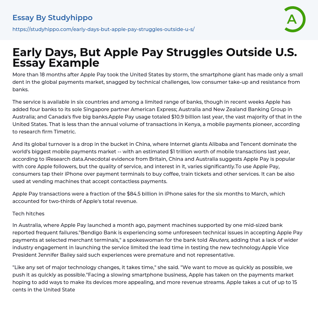 Early Days, But Apple Pay Struggles Outside U.S. Essay Example
