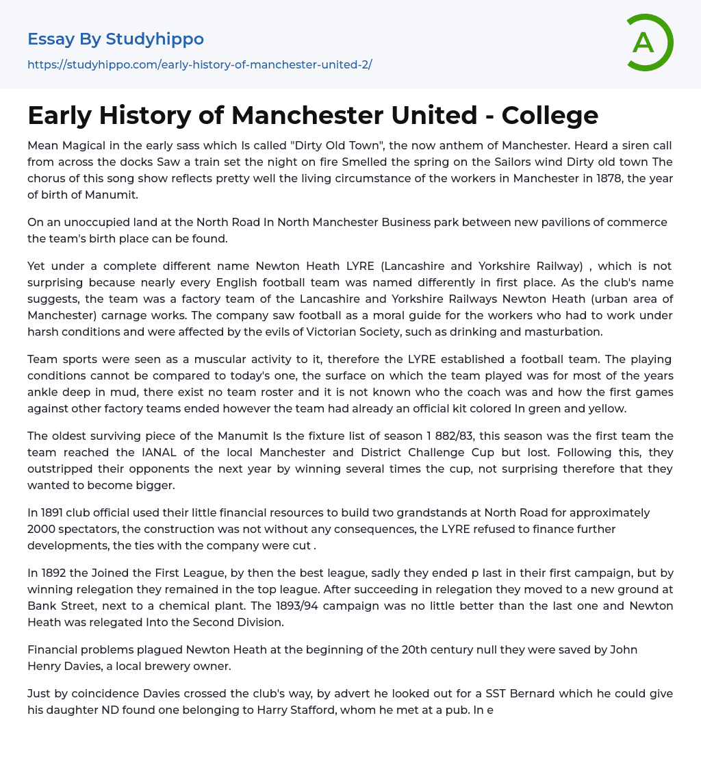 Early History of Manchester United – College Essay Example