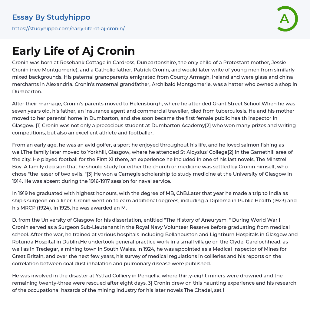 Early Life of Aj Cronin Essay Example