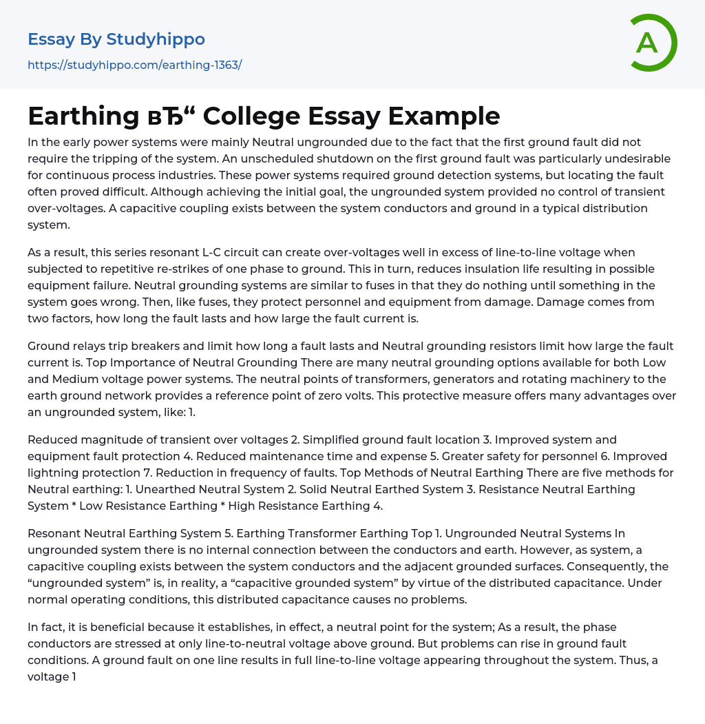 Earthing College Essay Example