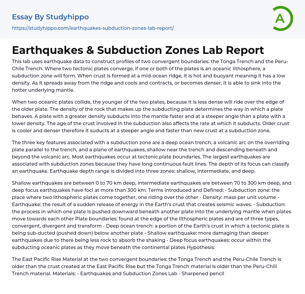 Earthquakes & Subduction Zones Lab Report Essay Example