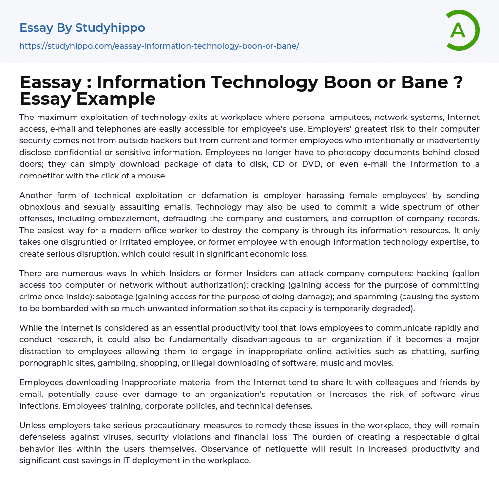 Eassay : Information Technology Boon or Bane ? Essay Example