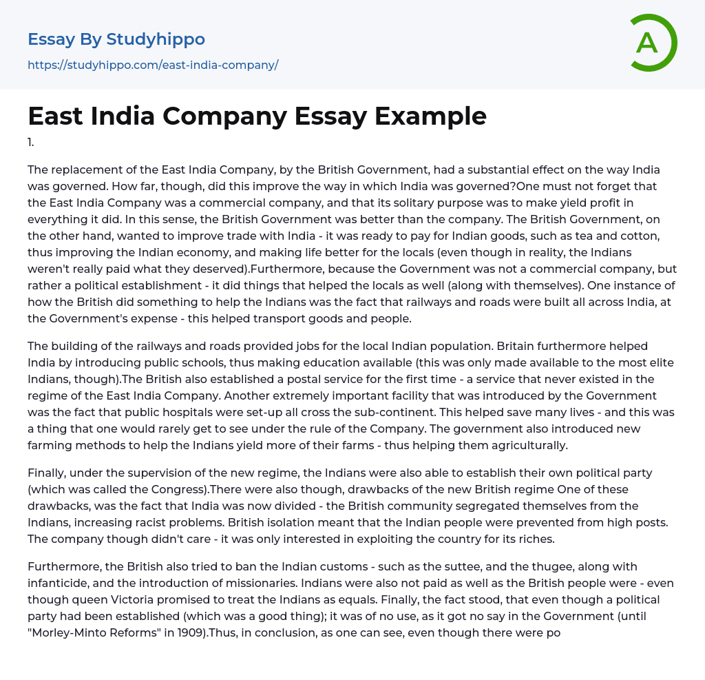 East India Company Essay Example