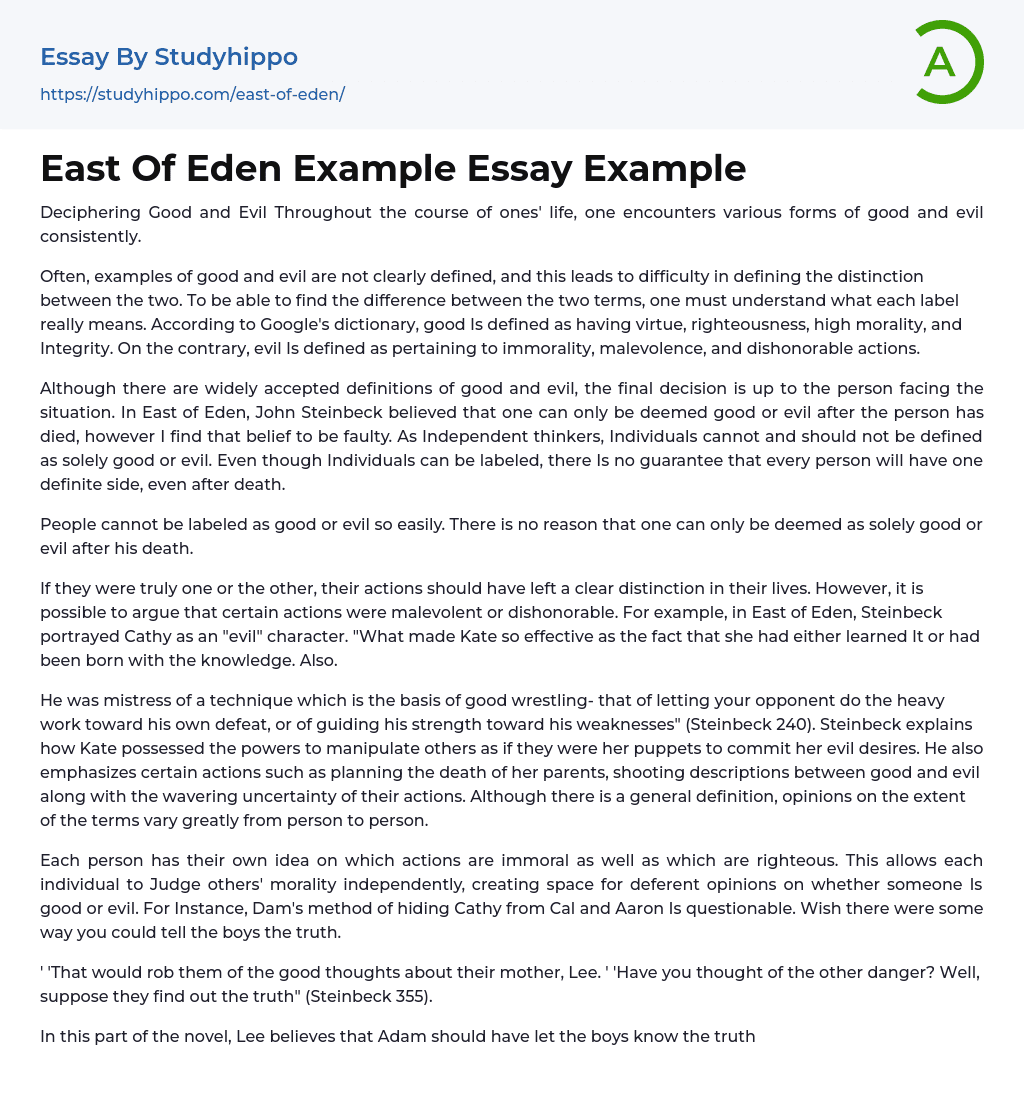 East Of Eden Example Essay Example