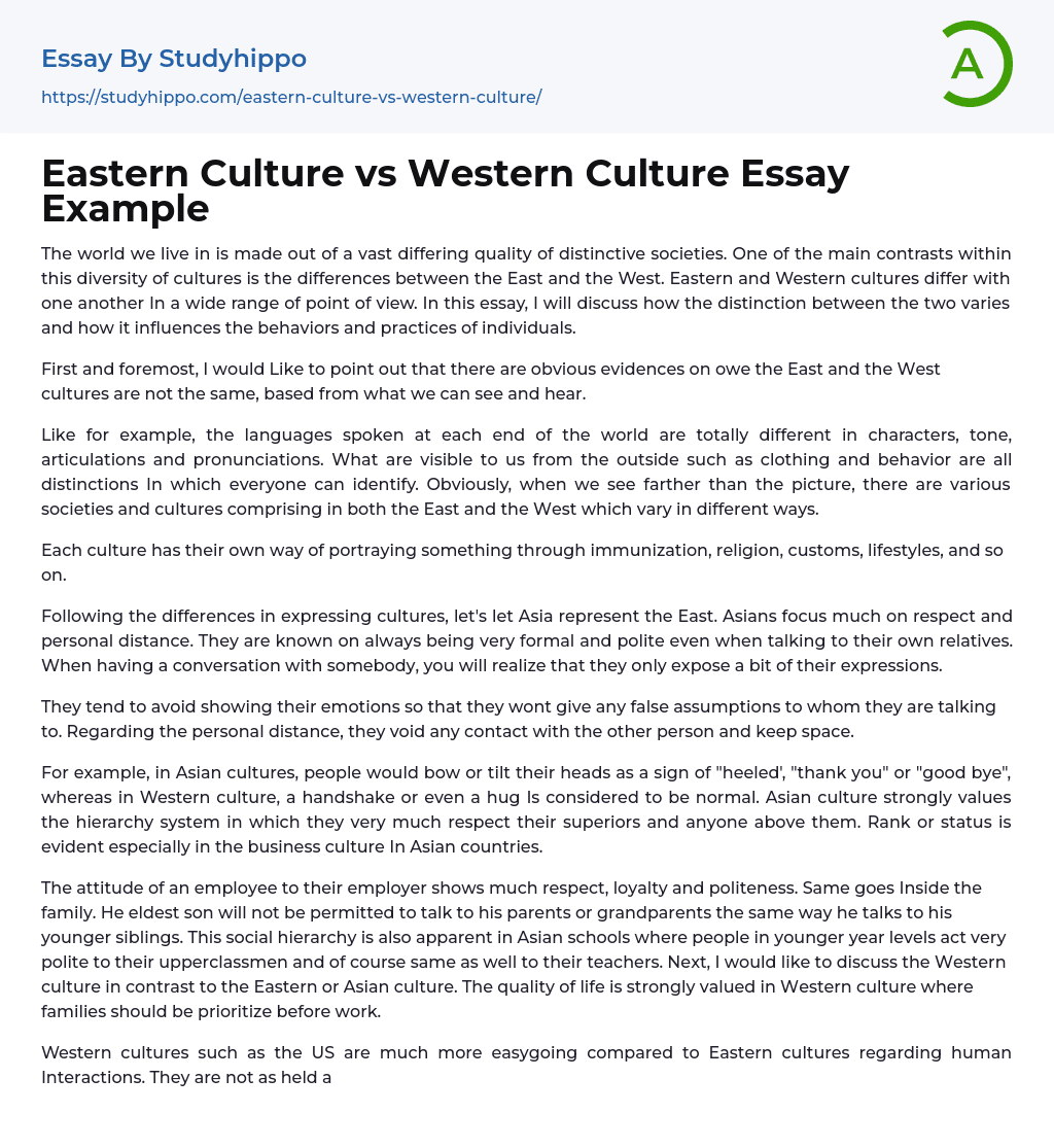 Eastern Culture vs Western Culture Essay Example