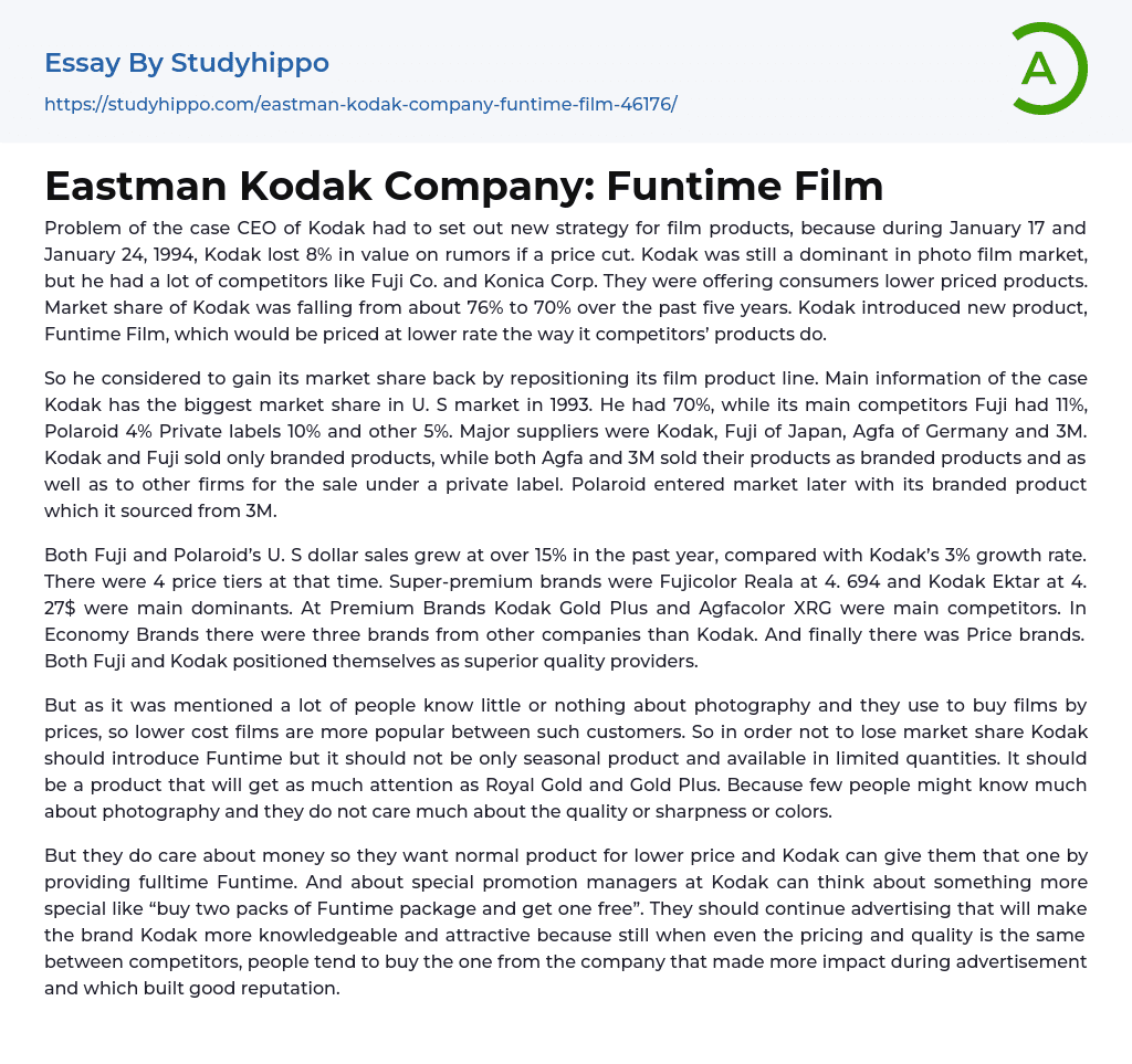 Eastman Kodak Company: Funtime Film Essay Example