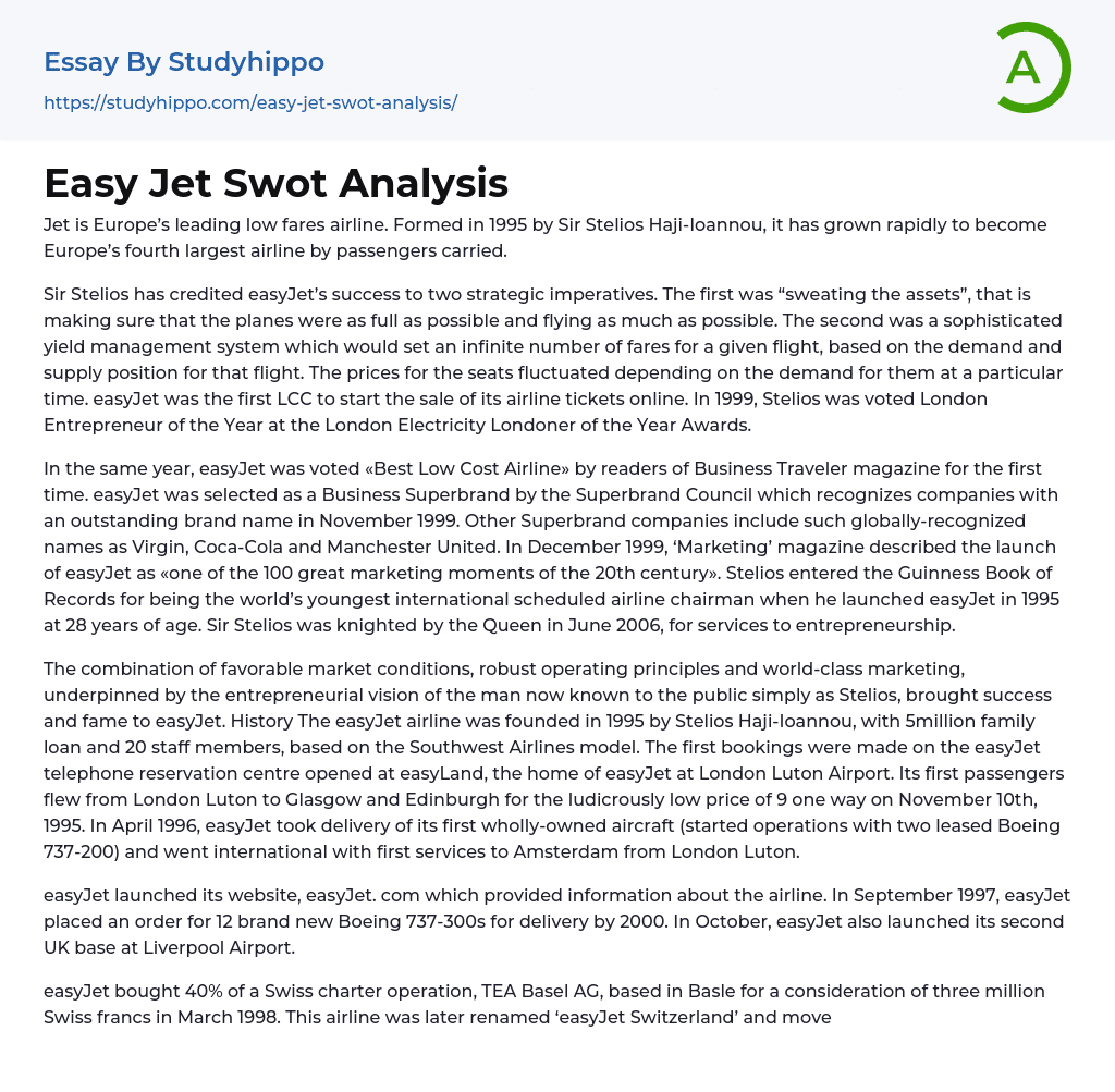Easy Jet Swot Analysis Essay Example
