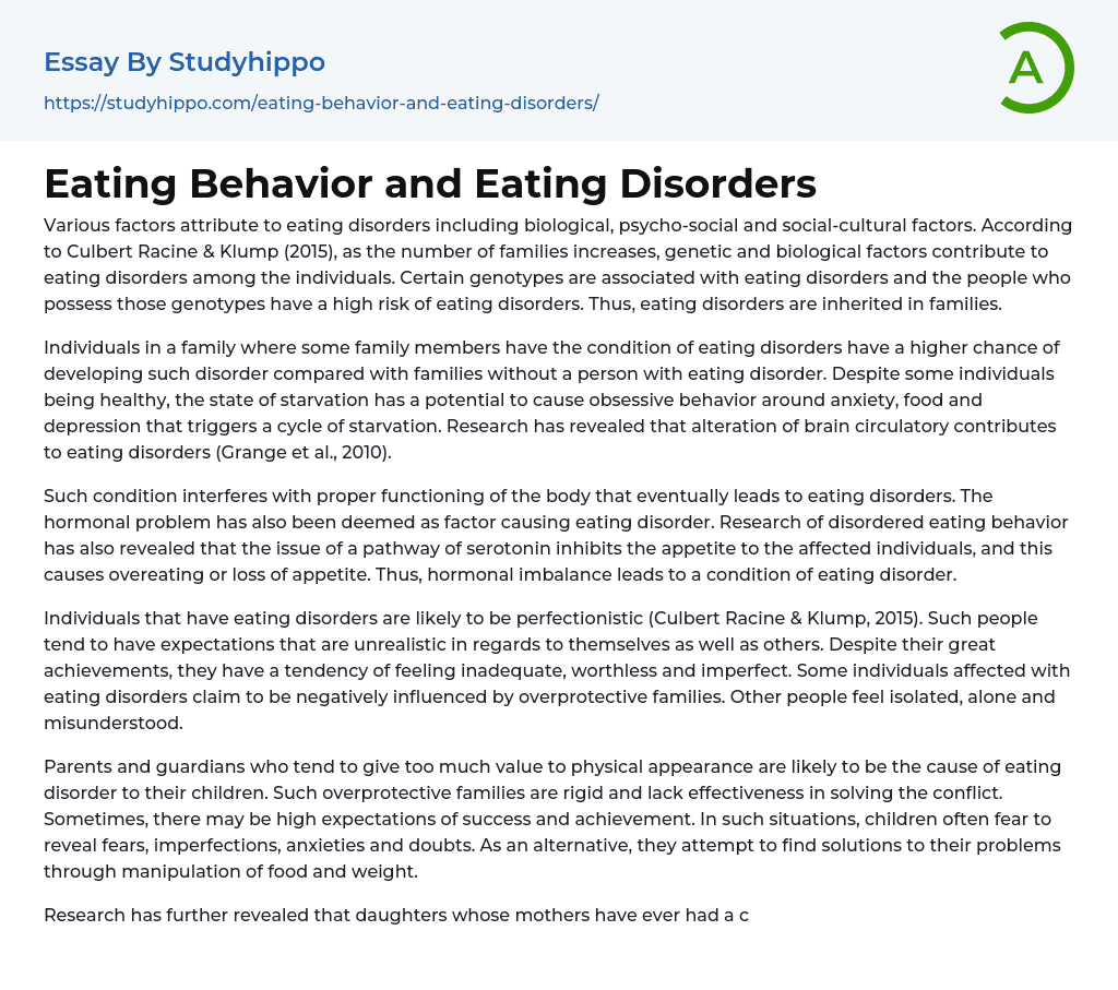 Eating Behavior and Eating Disorders Essay Example