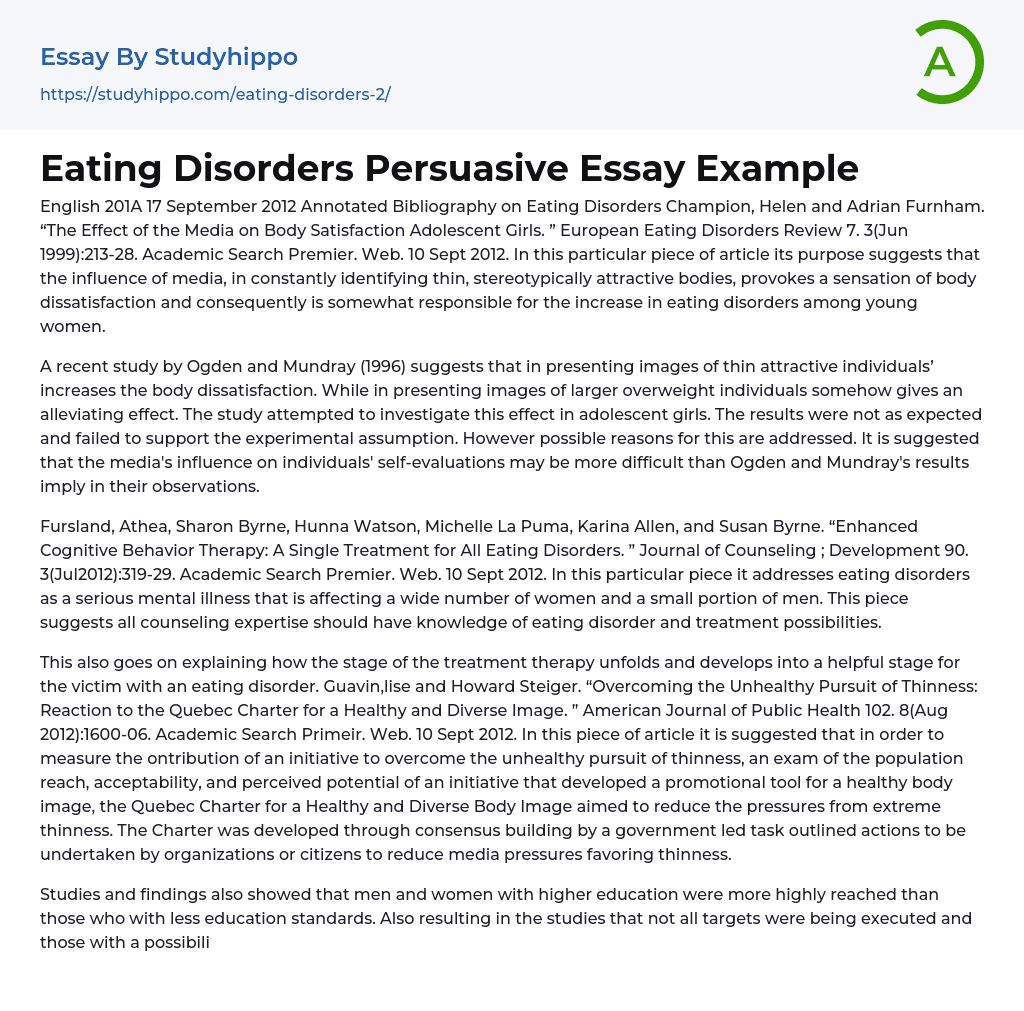 Eating Disorders Persuasive Essay Example