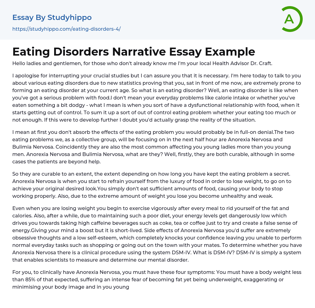 Eating Disorders Narrative Essay Example