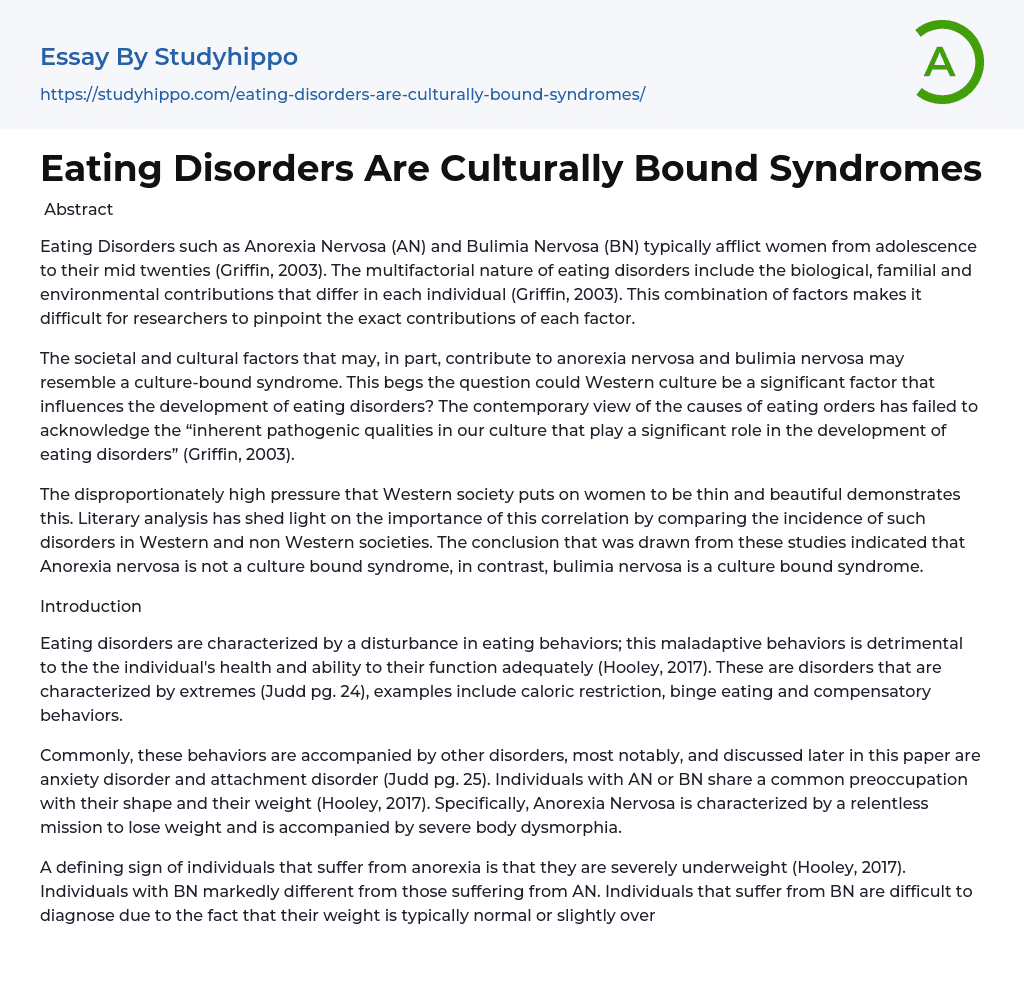 Eating Disorders Are Culturally Bound Syndromes Essay Example