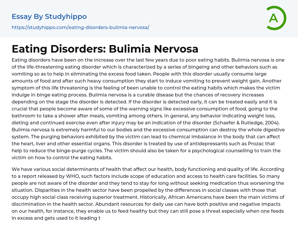 Eating Disorders: Bulimia Nervosa Essay Example