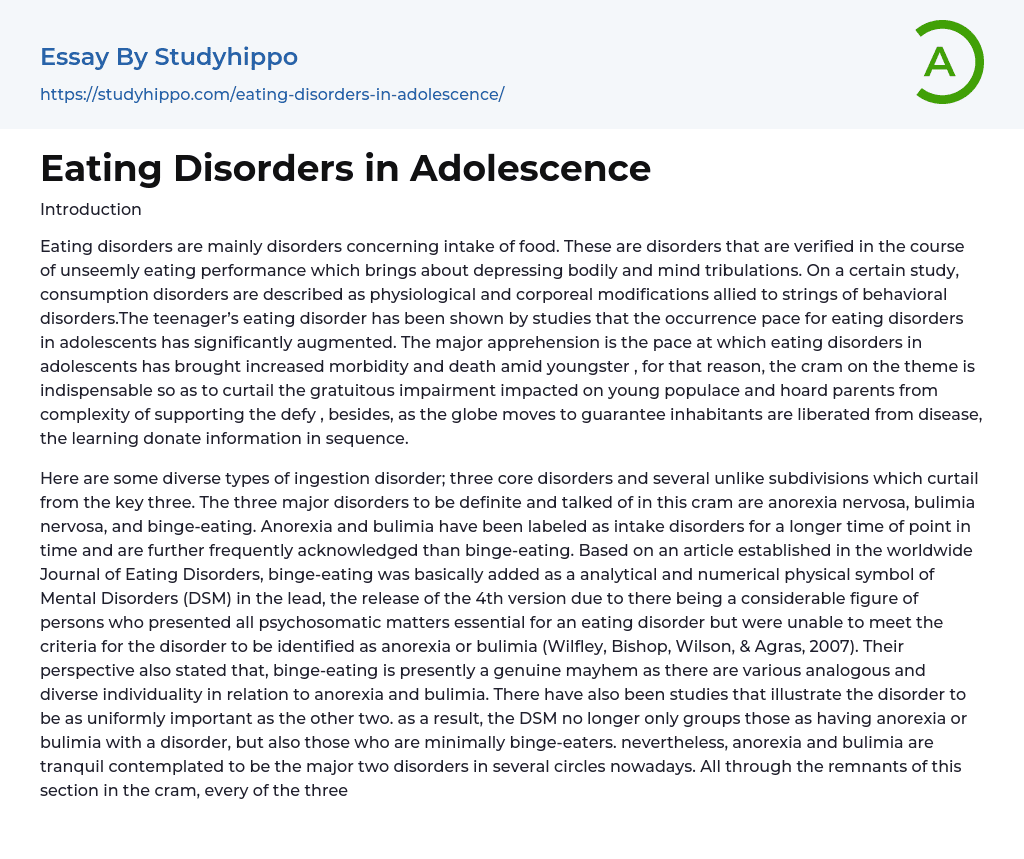 Eating Disorders in Adolescence Essay Example