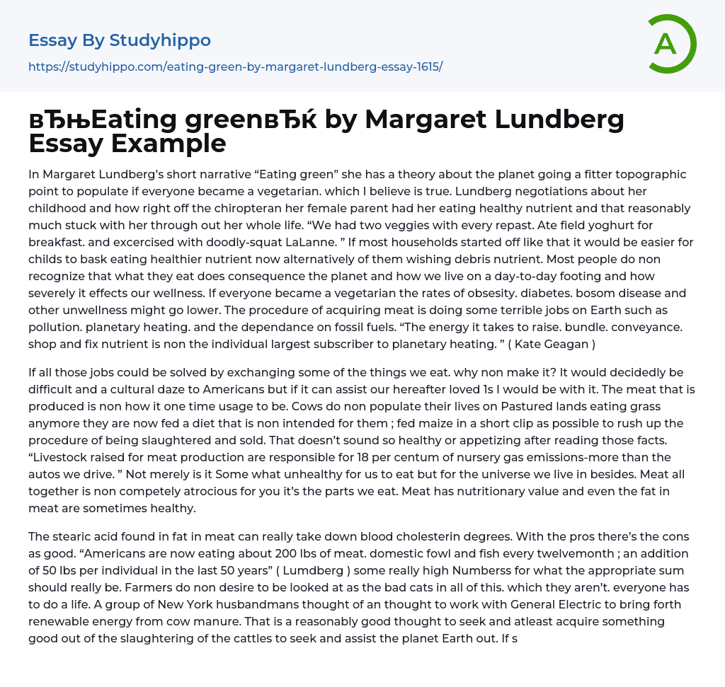 “Eating green” by Margaret Lundberg Essay Example