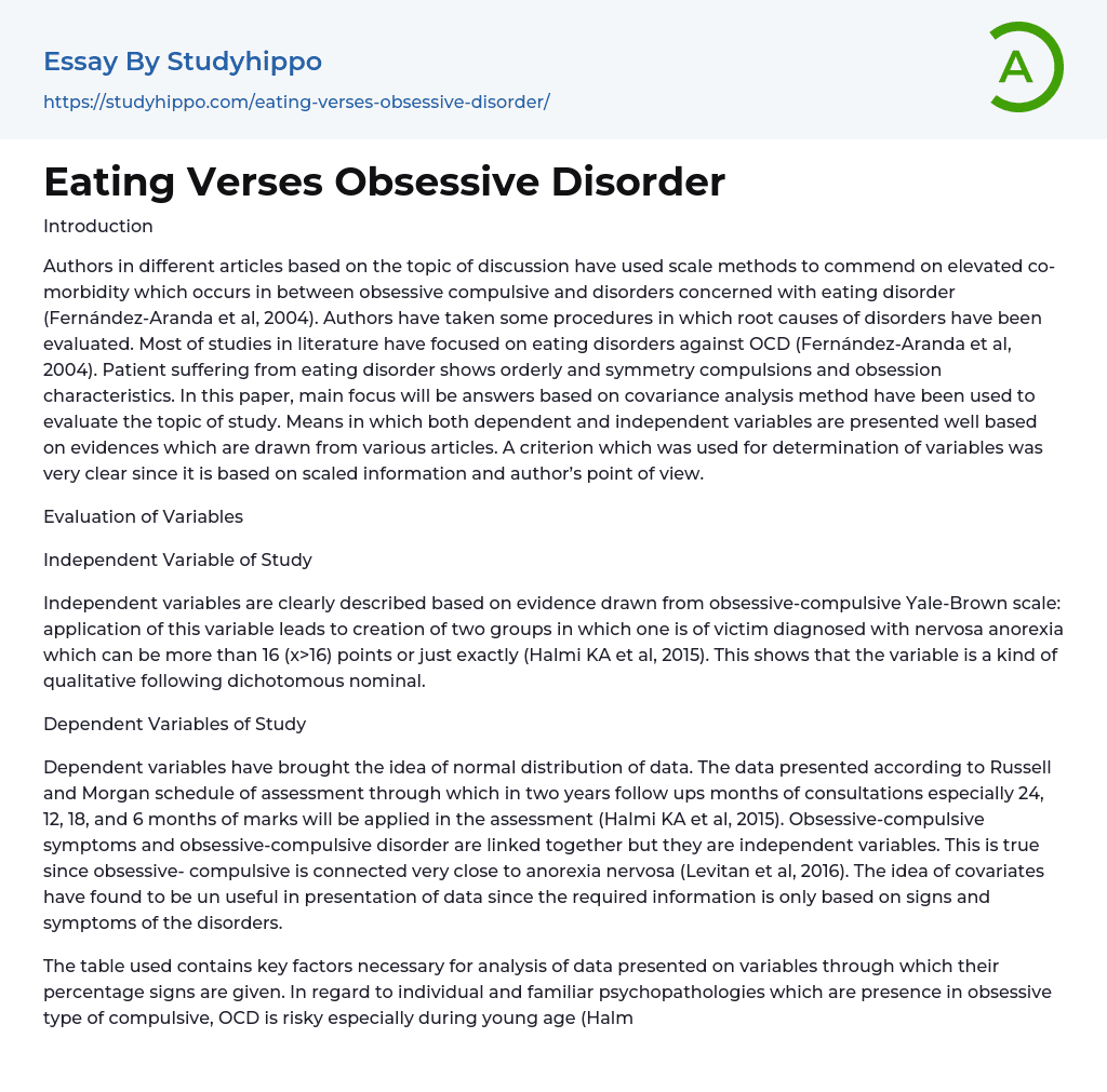 Eating Verses Obsessive Disorder Essay Example