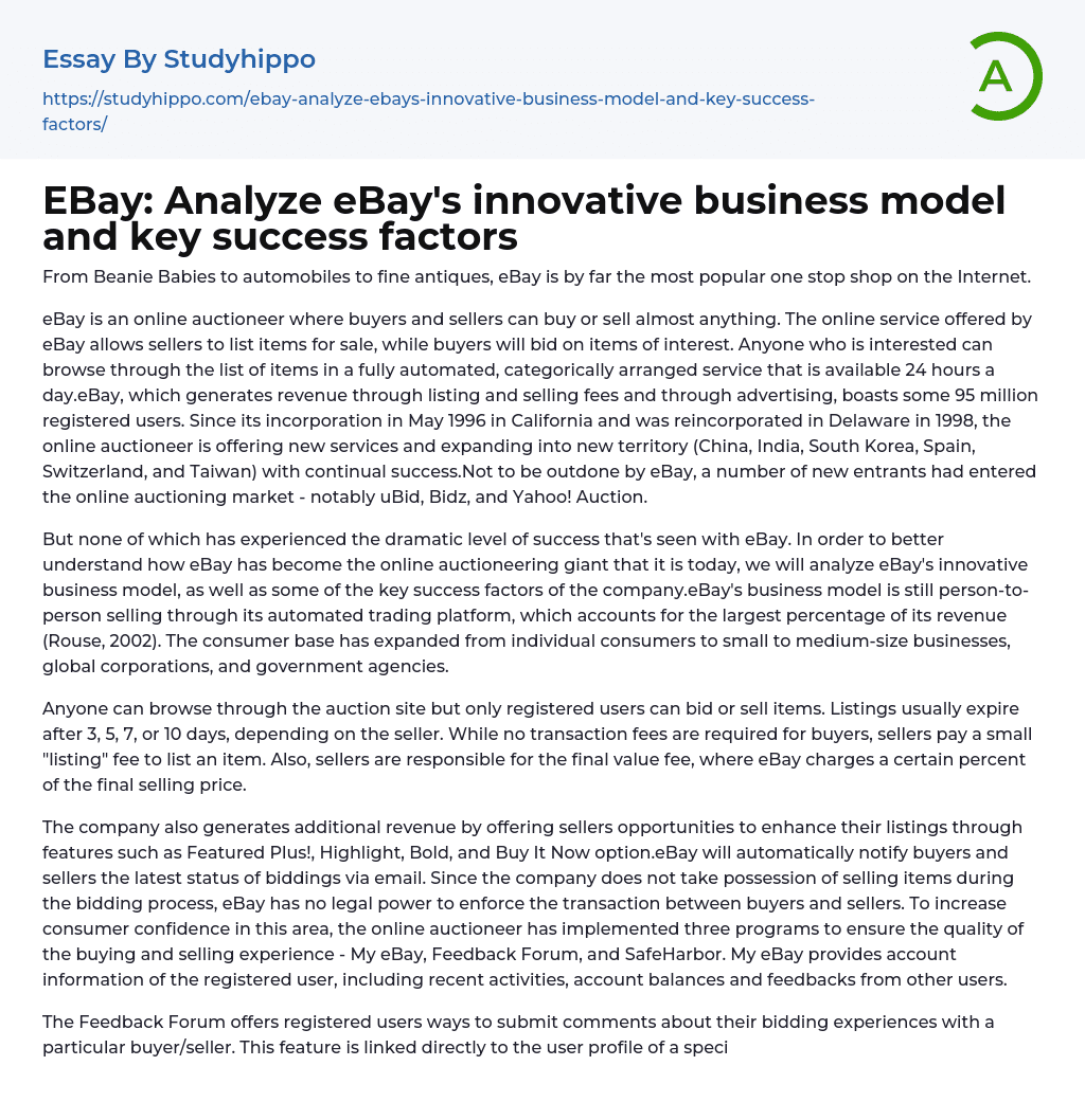 EBay: Analyze eBay’s innovative business model and key success factors Essay Example