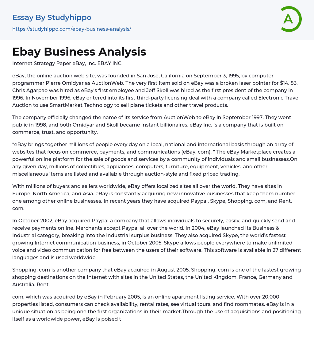 Ebay Business Analysis Essay Example
