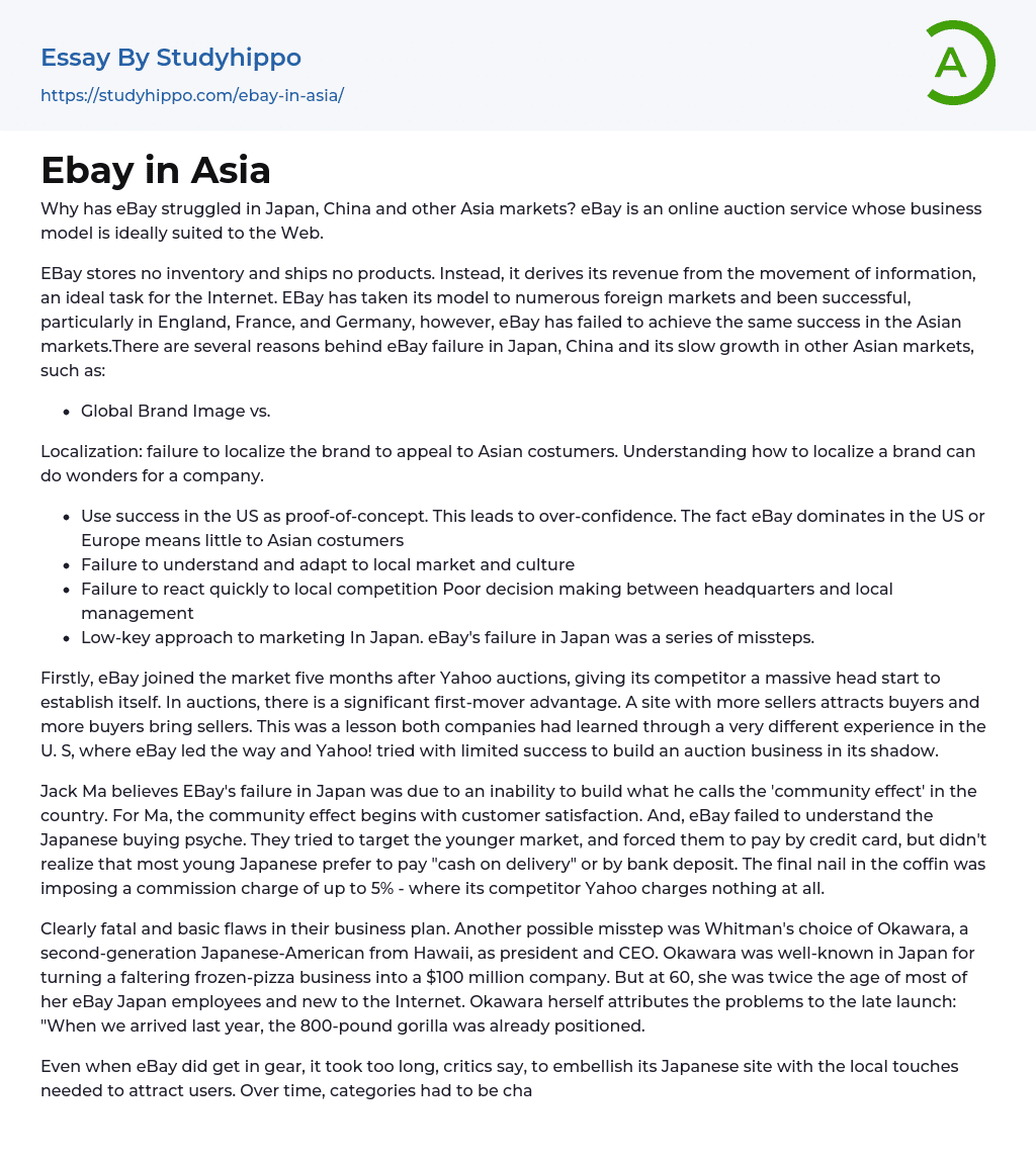 Ebay in Asia Essay Example