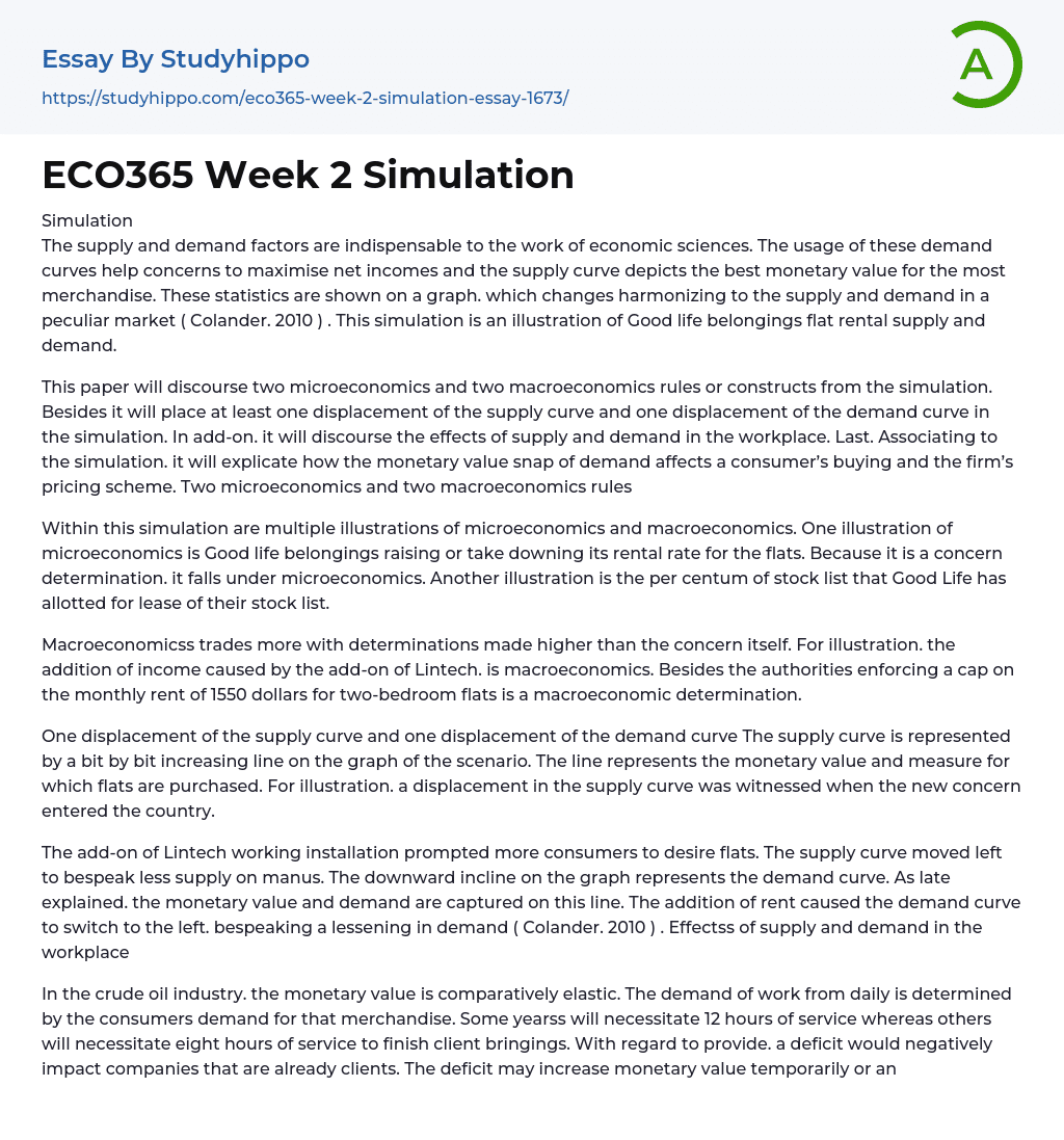ECO365 Week 2 Simulation Essay Example