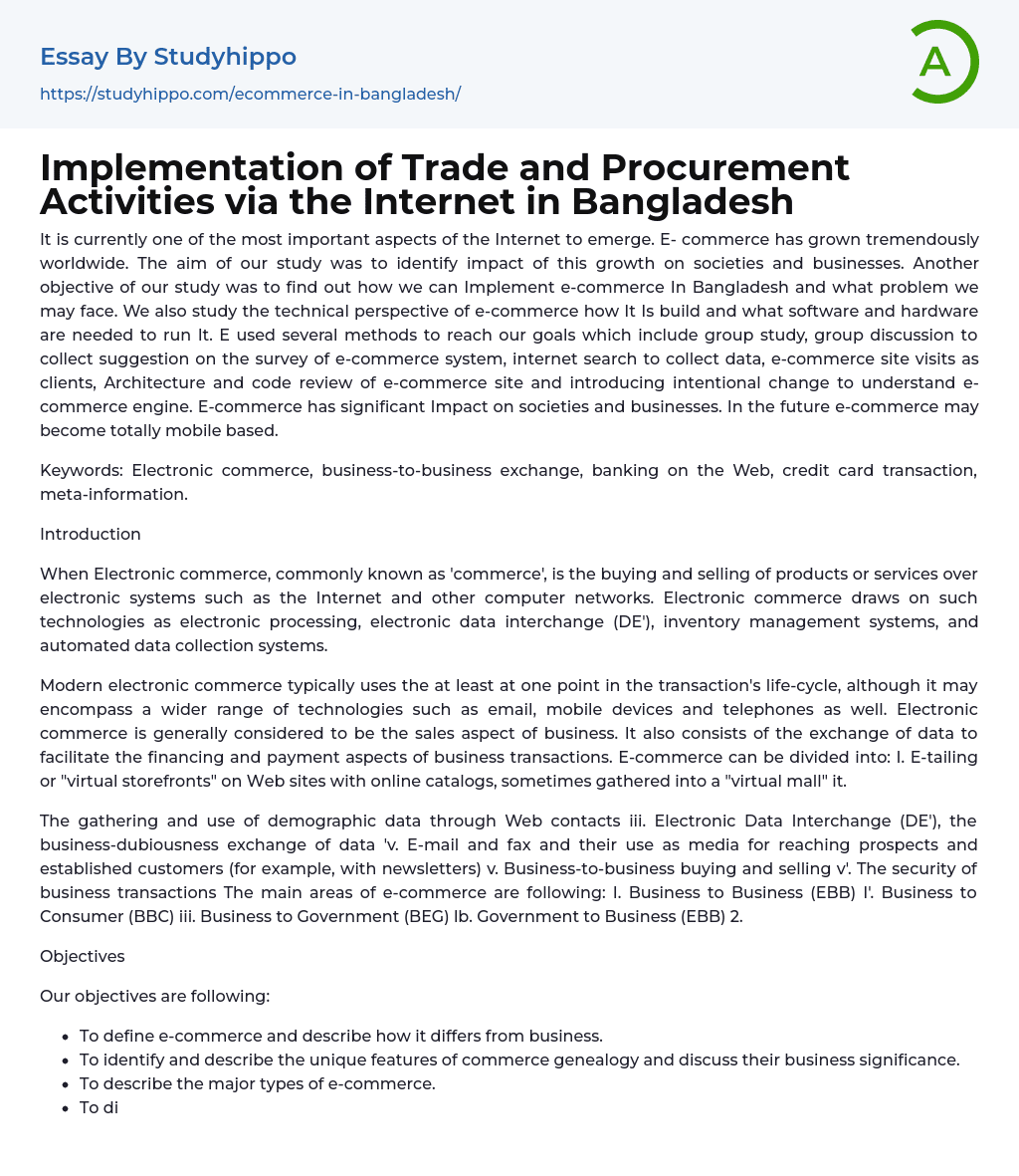 Implementation of Trade and Procurement Activities via the Internet in Bangladesh Essay Example
