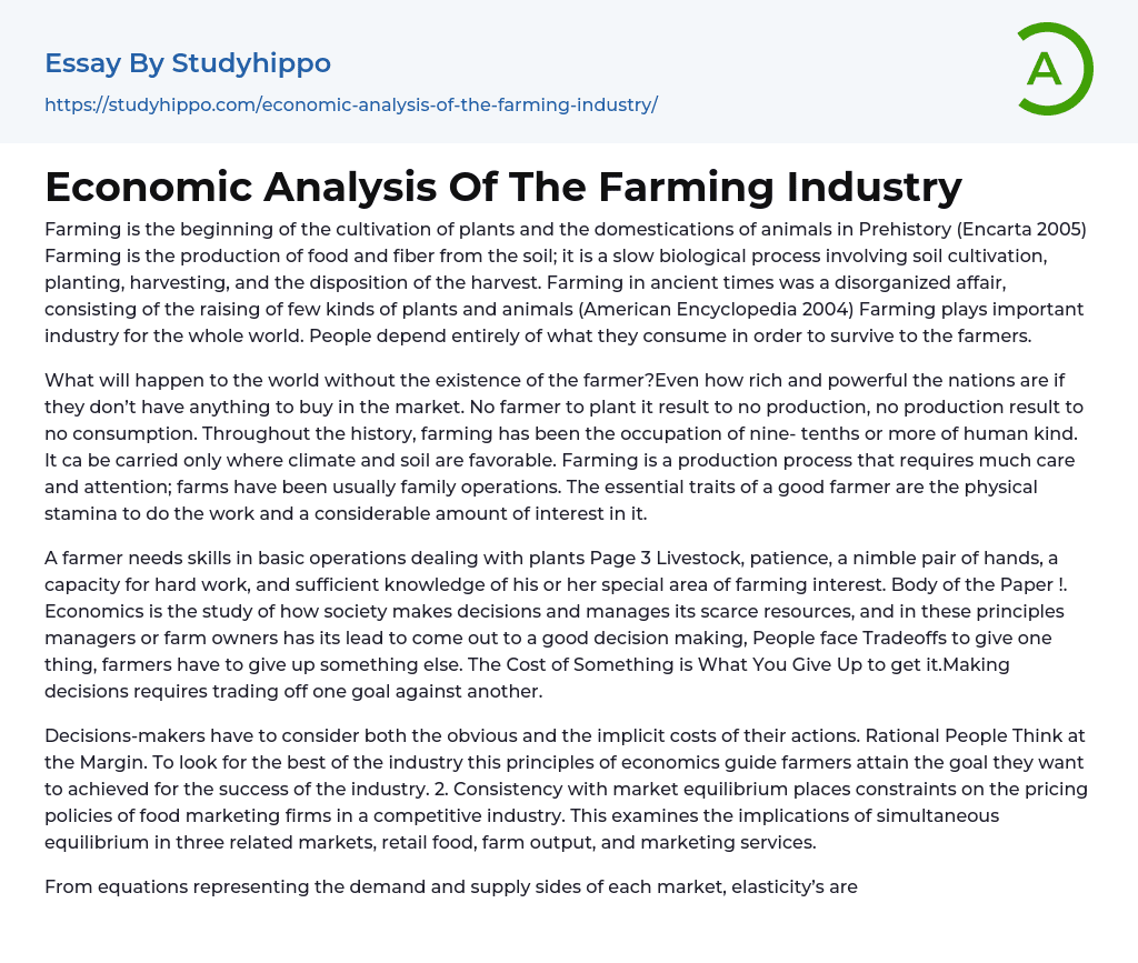 Economic Analysis Of The Farming Industry Essay Example