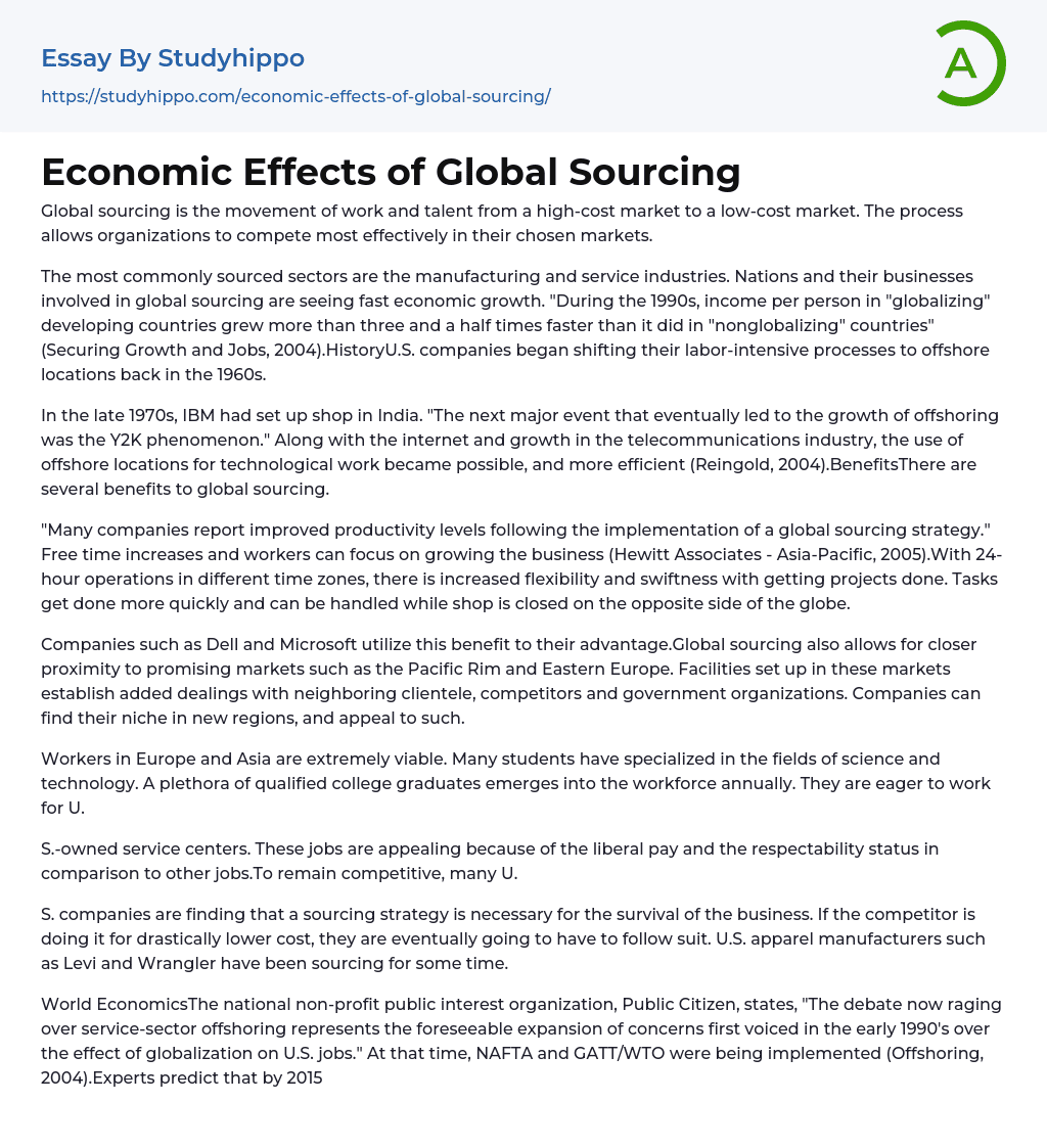 Economic Effects of Global Sourcing Essay Example