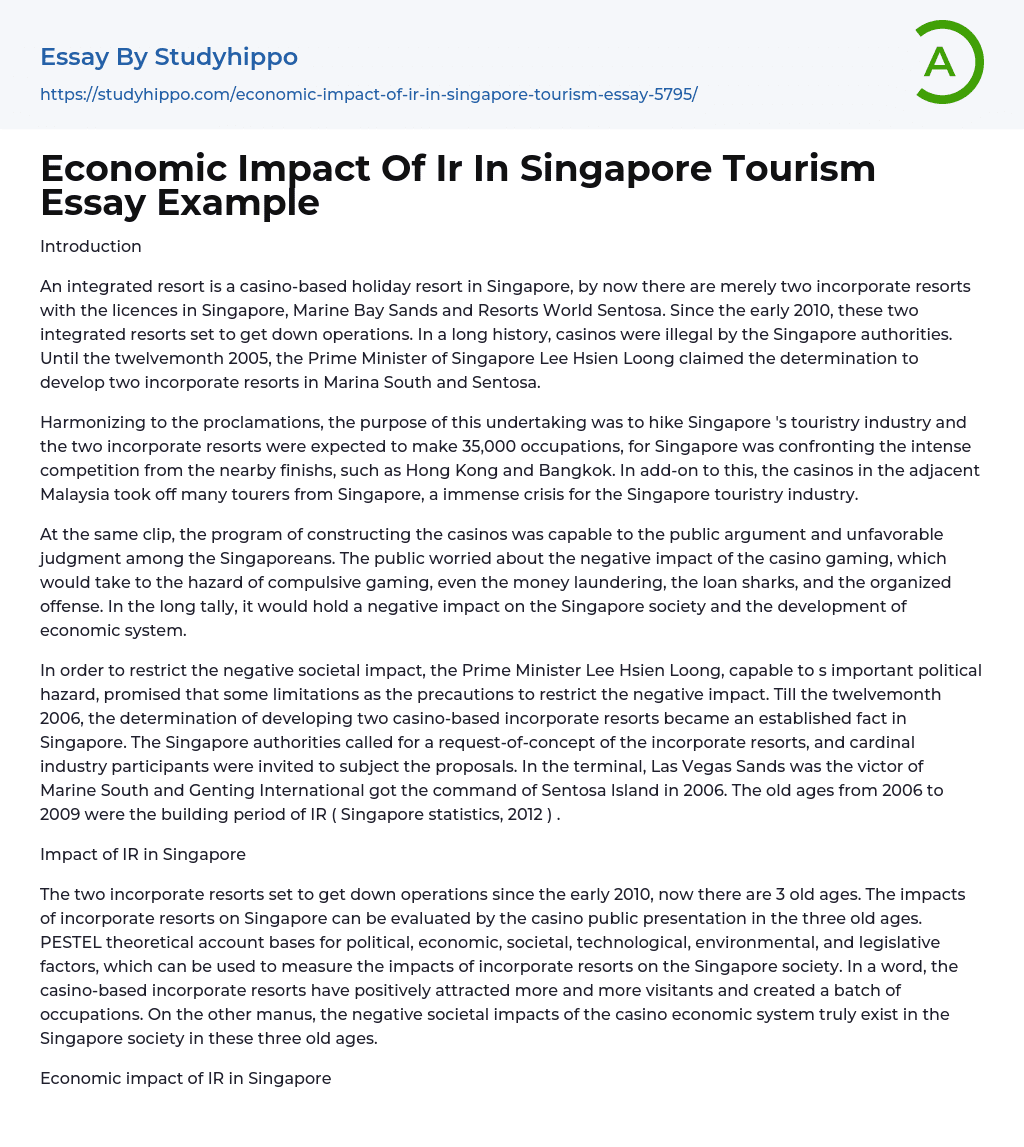 Economic Impact Of Ir In Singapore Tourism Essay Example