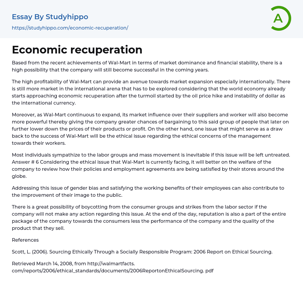 Economic recuperation Essay Example
