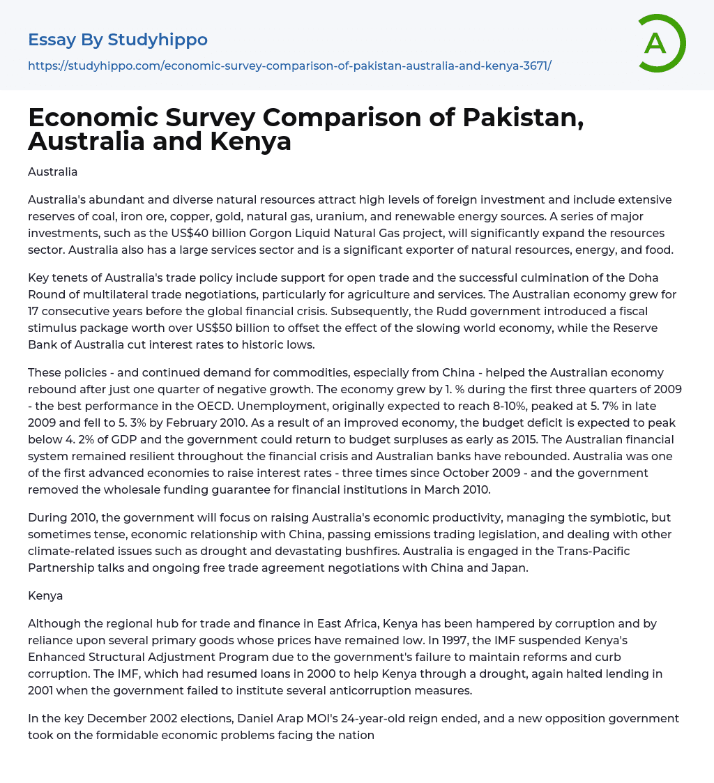 Economic Survey Comparison of Pakistan, Australia and Kenya Essay Example