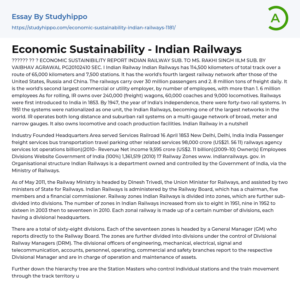Economic Sustainability – Indian Railways Essay Example