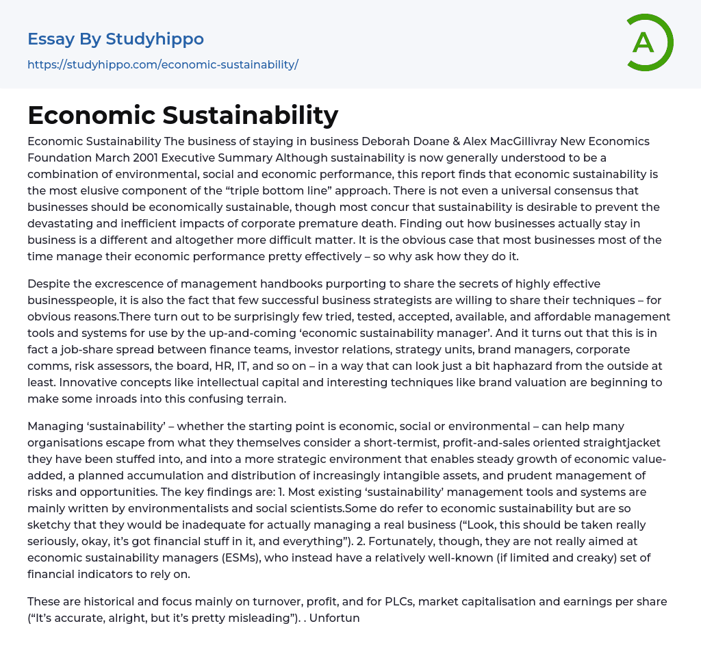 Economic Sustainability Essay Example