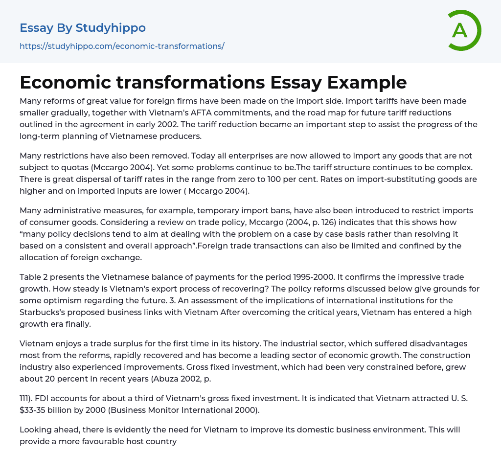 Economic transformations Essay Example