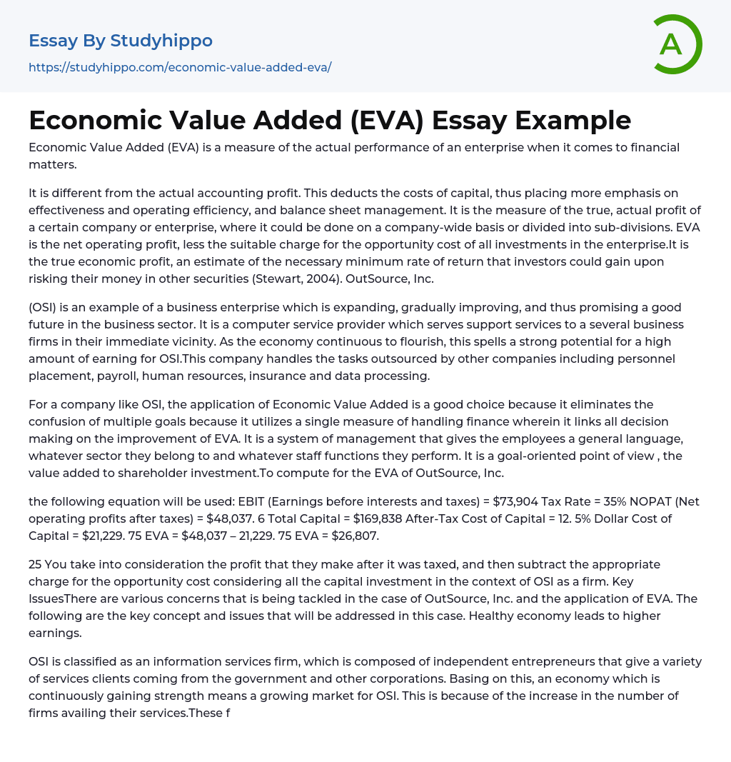 Economic Value Added (EVA) Essay Example