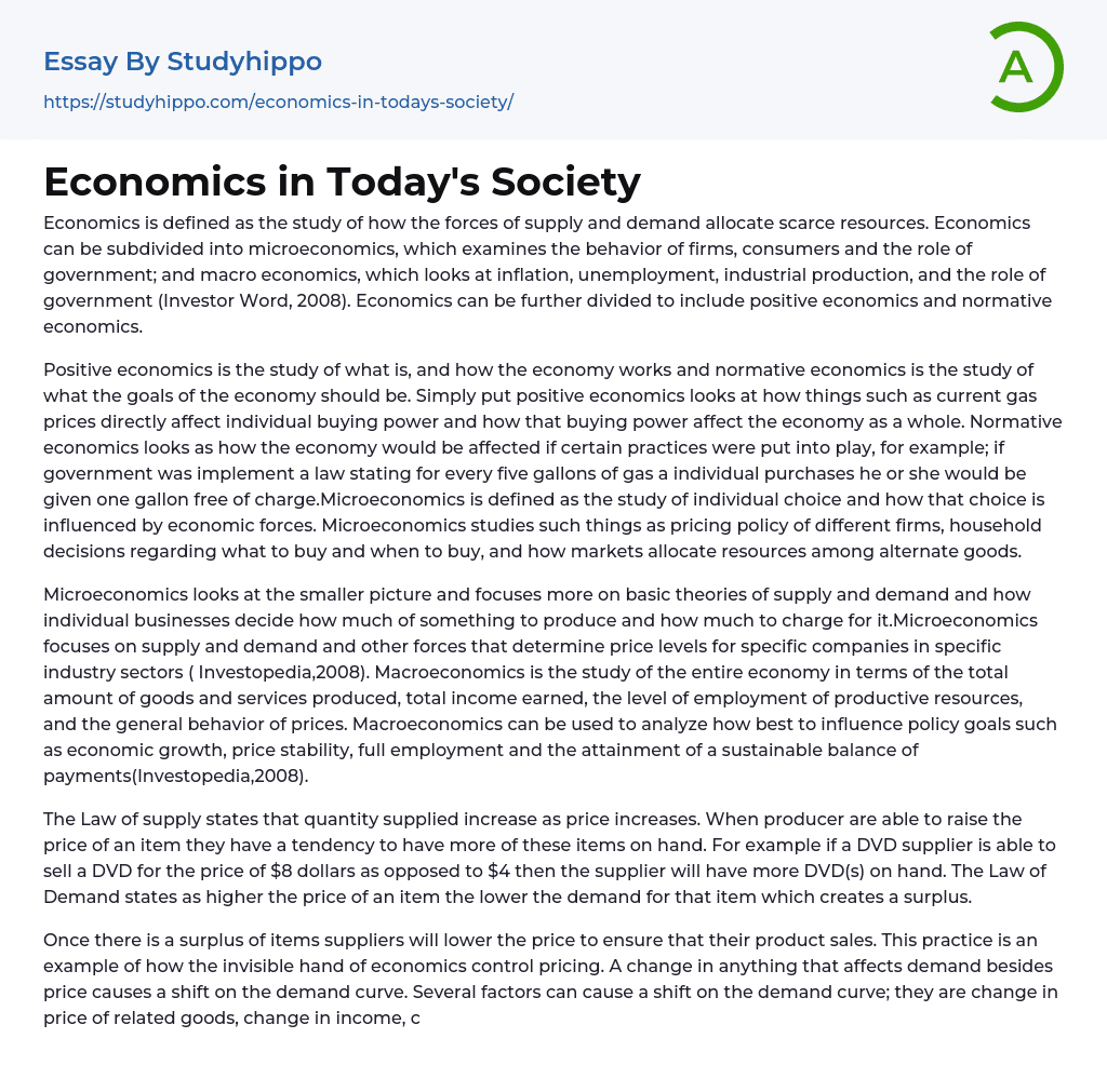 Economics in Today’s Society Essay Example