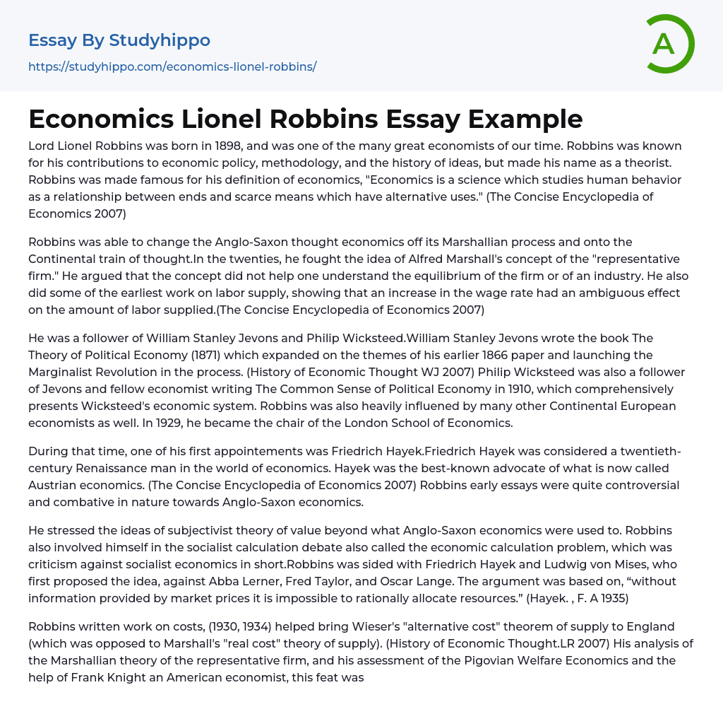 Economics Lionel Robbins Essay Example