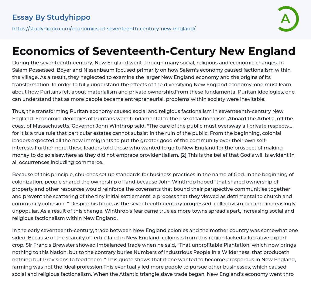 Economics of Seventeenth-Century New England Essay Example