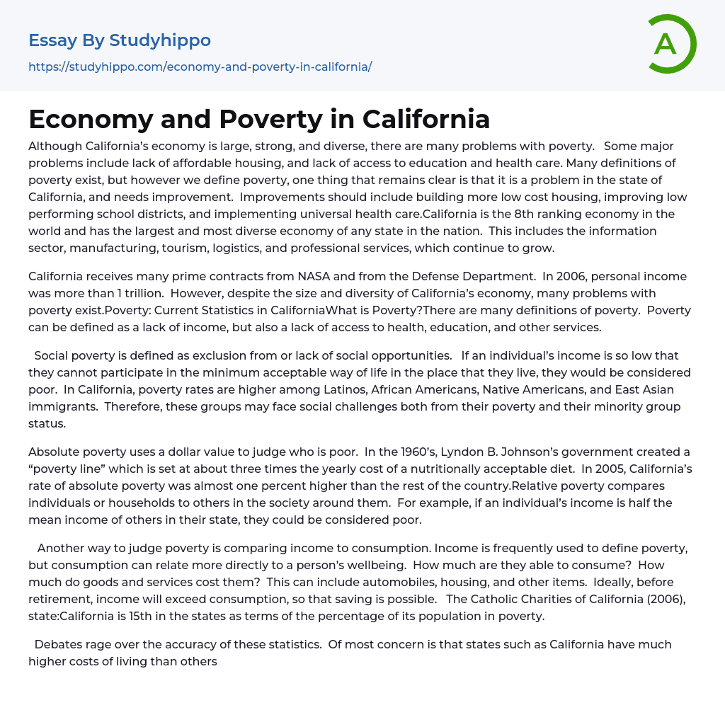 Economy and Poverty in California Essay Example