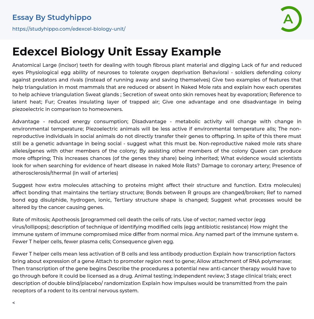 Edexcel Biology Unit Essay Example