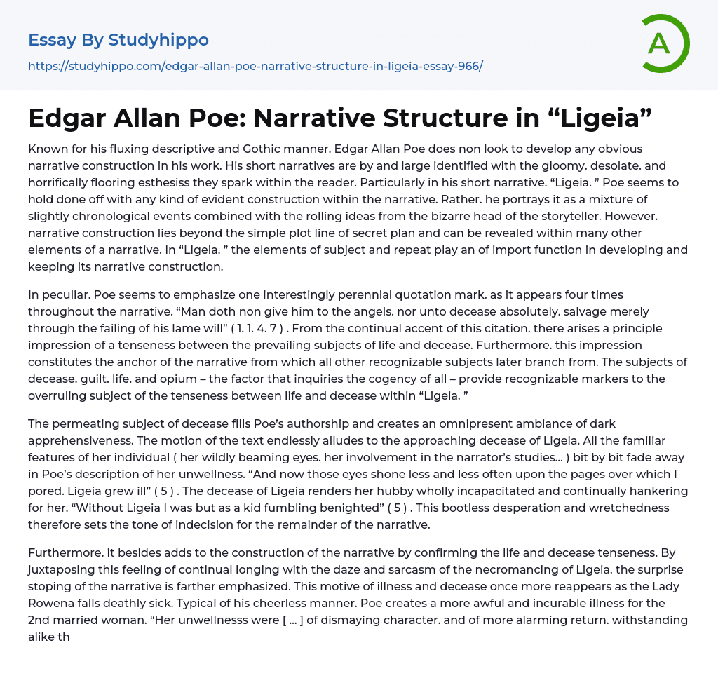 Edgar Allan Poe: Narrative Structure in “Ligeia” Essay Example