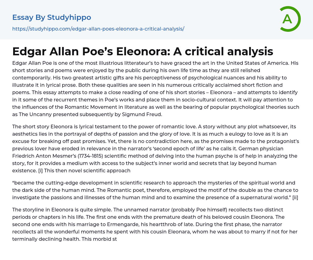 Edgar Allan Poe’s Eleonora: A critical analysis Essay Example