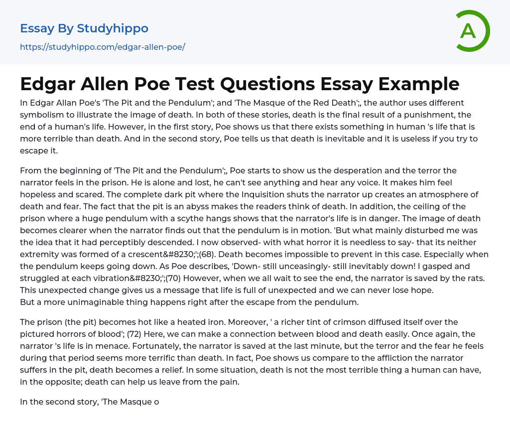 Edgar Allen Poe Test Questions Essay Example