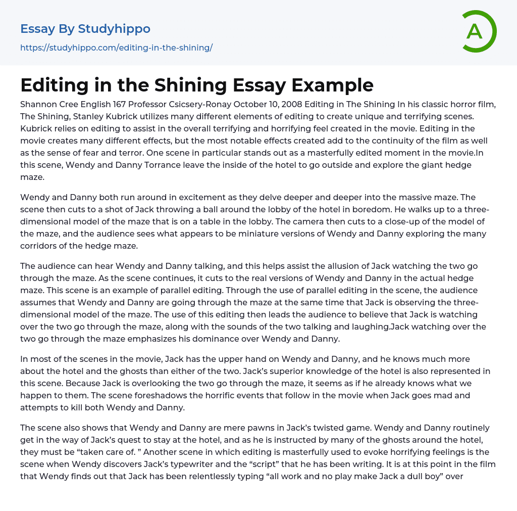Editing in the Shining Essay Example