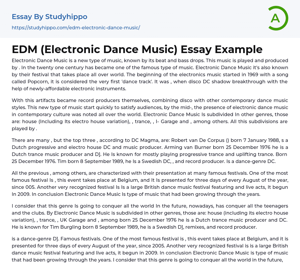 EDM (Electronic Dance Music) Essay Example