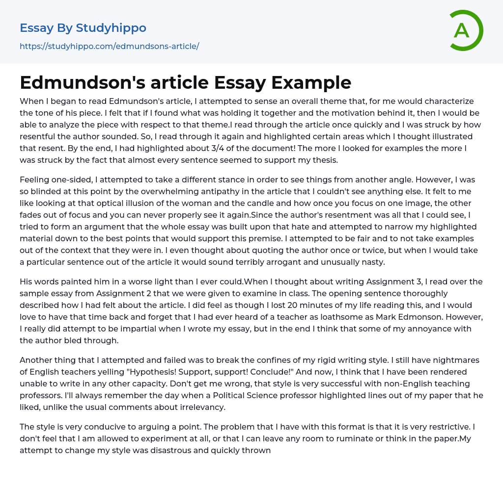 Edmundson’s article Essay Example