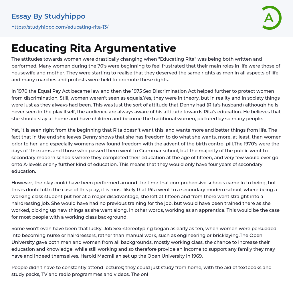 Educating Rita Argumentative Essay Example