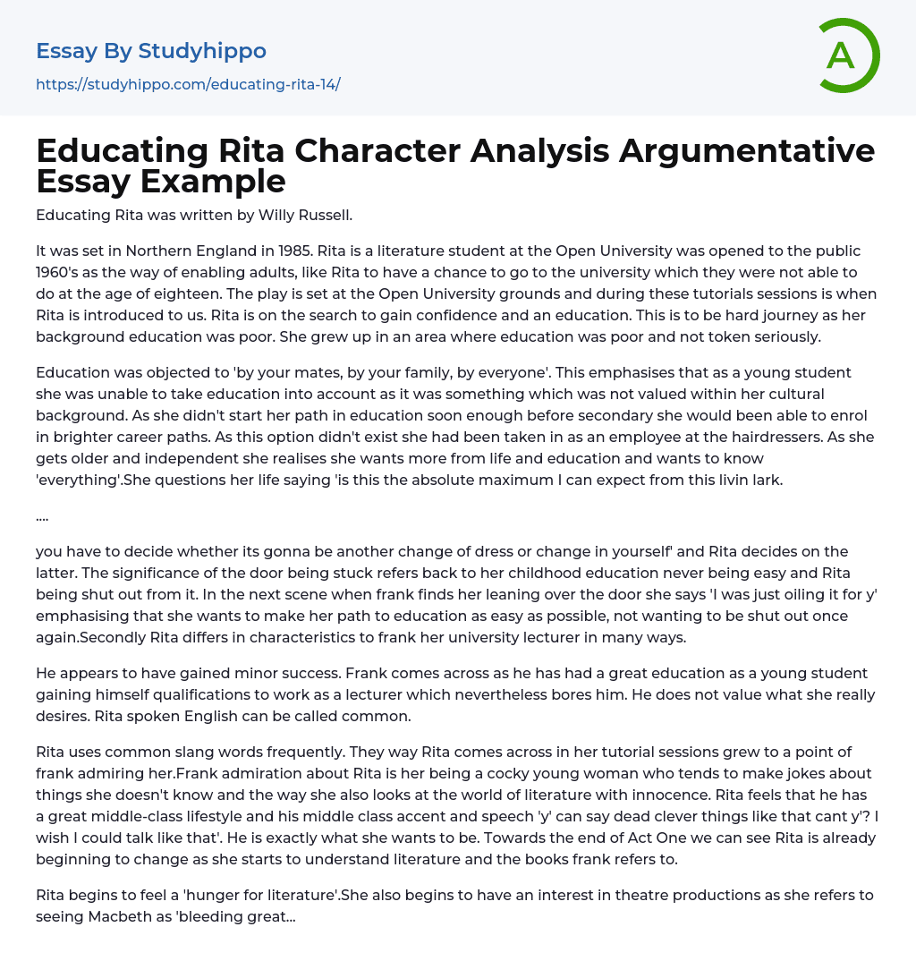 Educating Rita Character Analysis Argumentative Essay Example