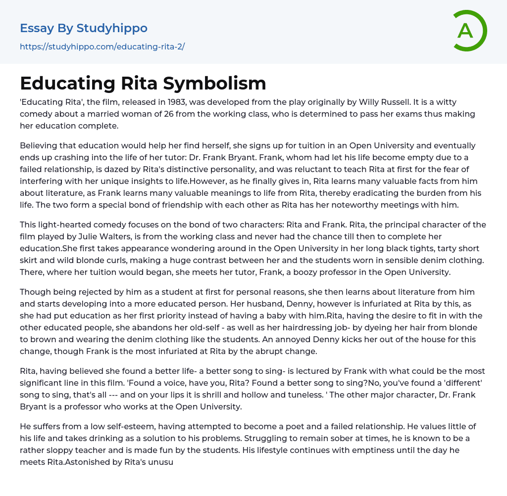 Educating Rita Symbolism Essay Example