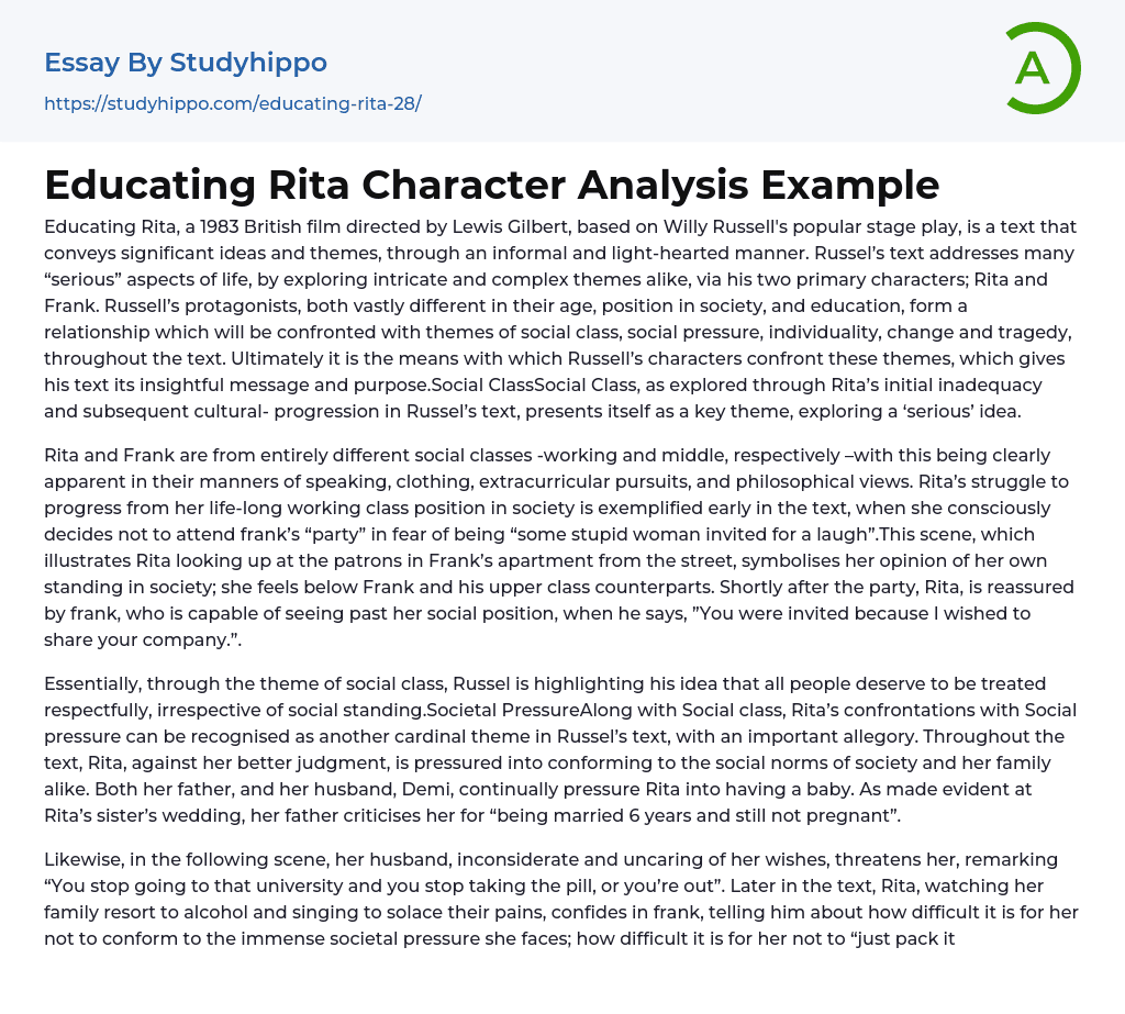 Educating Rita Character Analysis Example Essay Example