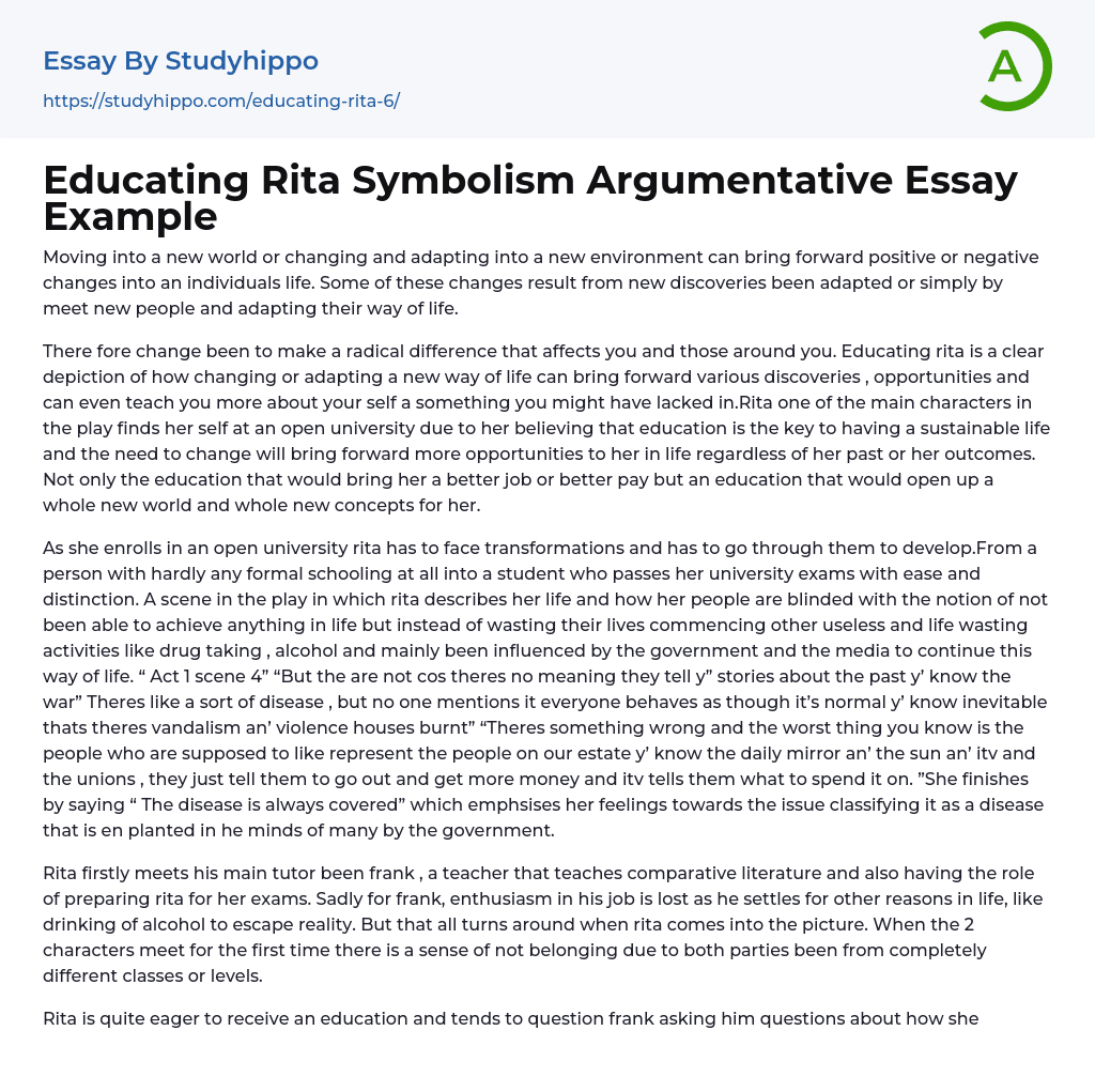 Educating Rita Symbolism Argumentative Essay Example