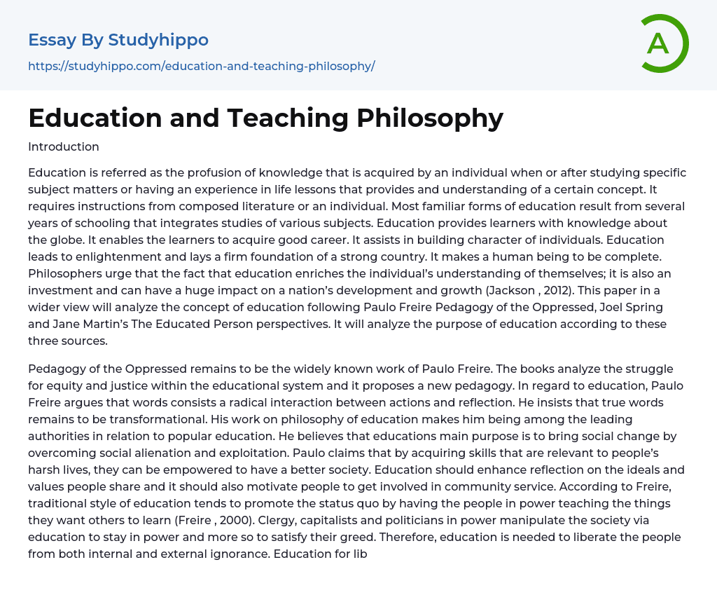 Education and Teaching Philosophy Essay Example